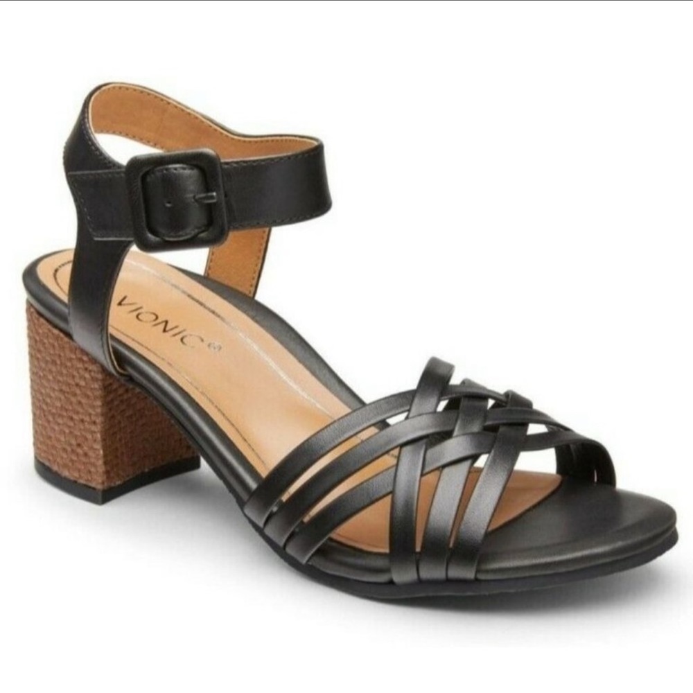 New In Box Vionic Papaya Peony Nat Black Strappy Block Heel Sandal
